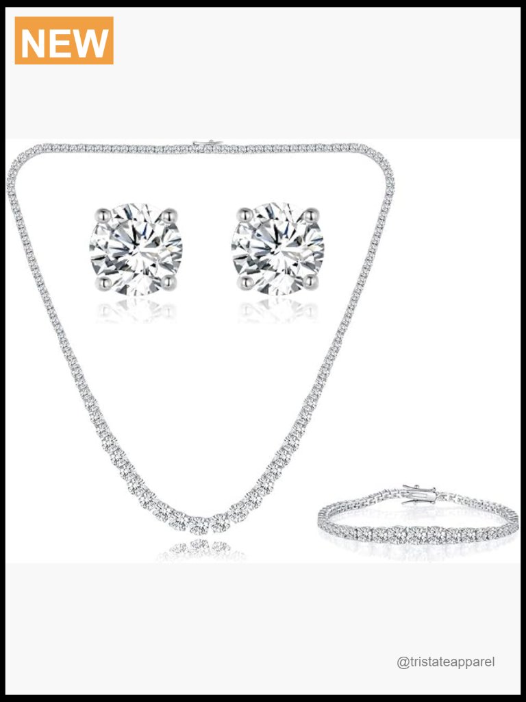 18k White Gold Plated Tennis Jewelry Set Necklace Bracelet Earrings Ring